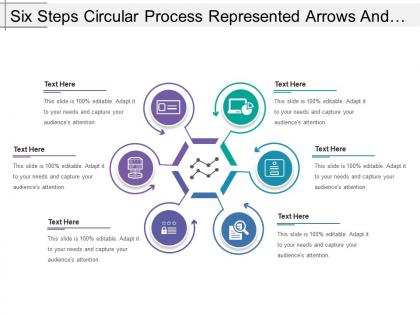 Six steps circular process represented arrows and text boxes