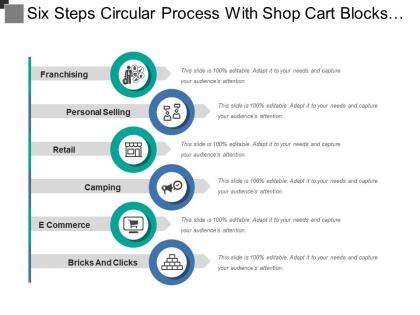 Six steps circular process with shop cart blocks icon and text boxes