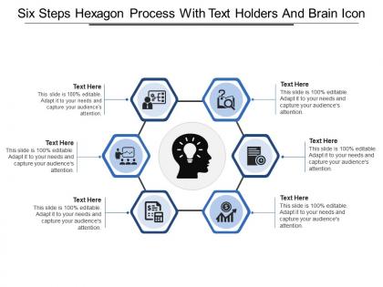 Six steps hexagon process with text holders and brain icon