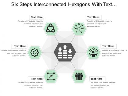 Six steps interconnected hexagons with text holders and icons