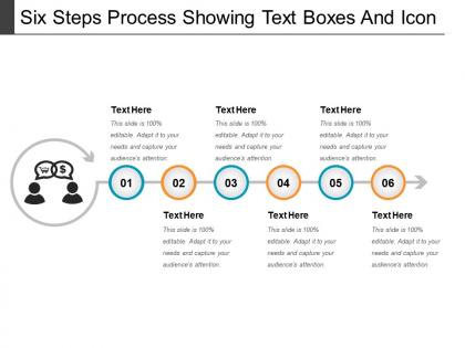 Six steps process showing text boxes and icon