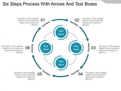 Six steps process with arrows and text boxes