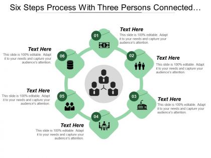 Six steps process with three persons connected icons and text boxes