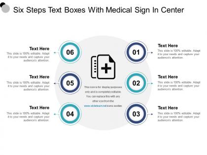 Six steps text boxes with medical sign in center
