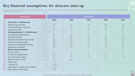 Skincare Industry Business Plan Key Financial Assumptions For Skincare Start Up BP SS