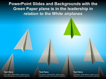 Slides backgrounds with the green paper plane is in the leadership in relation to the white airplanes