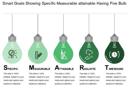 Smart goals showing specific measurable attainable having five bulb