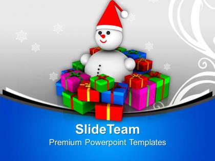Snowman sitting between gifts christmas eve powerpoint templates ppt themes and graphics
