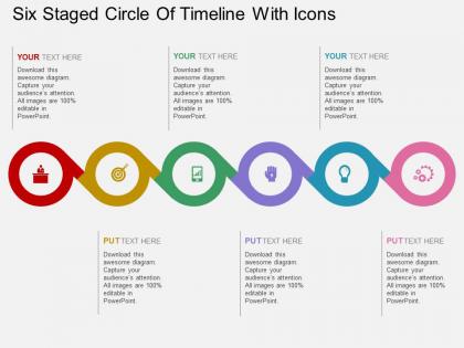 So six staged circle of timeline with icons flat powerpoint design