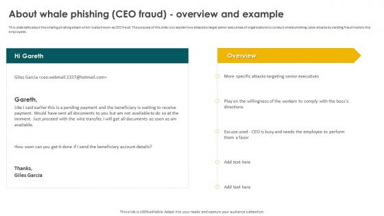 Social Engineering Methods And Mitigation About Whale Phishing CEO Fraud Overview And Example