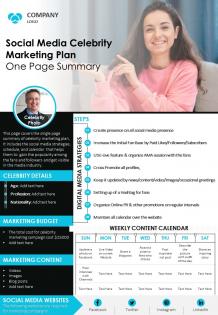 Social media celebrity marketing plan one page summary presentation report infographic ppt pdf document