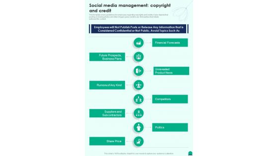 Social Media Management Copyright And Credit Social Media Playbook One Pager Sample Example Document