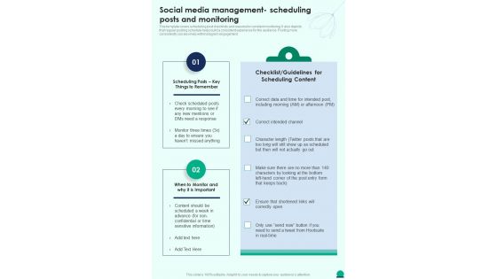 Social Media Management Scheduling Posts And Monitoring Social Media Playbook One Pager Sample Example Document