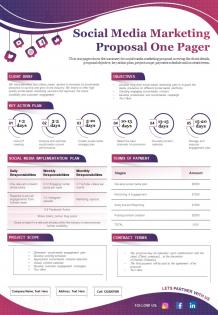 Social media marketing proposal one pager presentation report infographic ppt pdf document