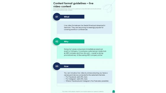 Social Media Playbook Content Format Guidelines Live Video Content One Pager Sample Example Document
