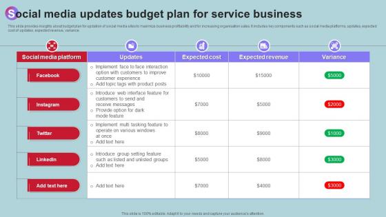 Social Media Updates Budget Plan For Service Business