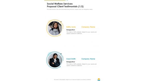 Social Welfare Services Proposal Client Testimonials One Pager Sample Example Document