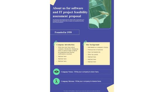 Software And IT Project Feasibility Assessment Proposal For About Us One Pager Sample Example Document