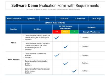 Software demo evaluation form with requirements