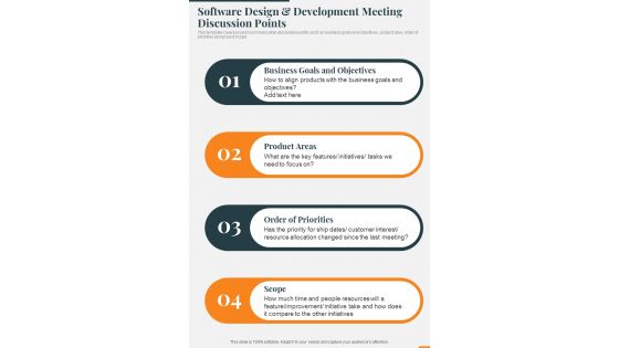 Software Design And Development Meeting Discussion Points One Pager Sample Example Document