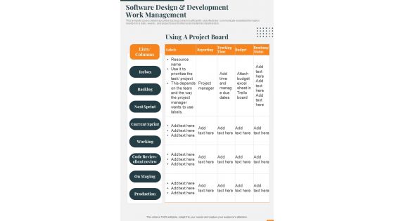 Software Design And Development Work Management One Pager Sample Example Document