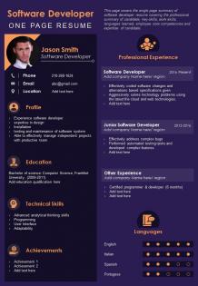 Software developer one page resume presentation report infographic ppt pdf document