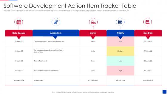 Software Development Action Item Tracker Table
