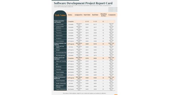 Software Development Project Report Card One Pager Sample Example Document
