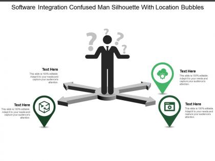 Software integration confused man silhouette with location bubbles