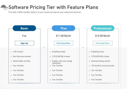 Software pricing tier with feature plans