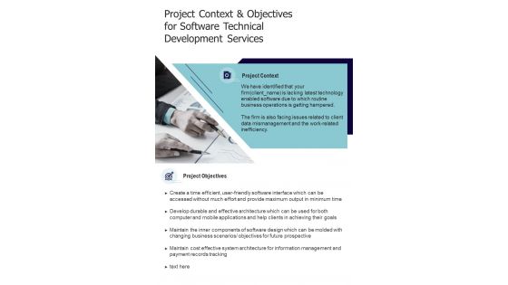 Software Technical Development For Project Context And Objectives One Pager Sample Example Document