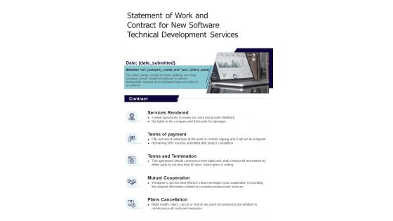 Software Technical Development For Statement Of Work And Contract One Pager Sample Example Document