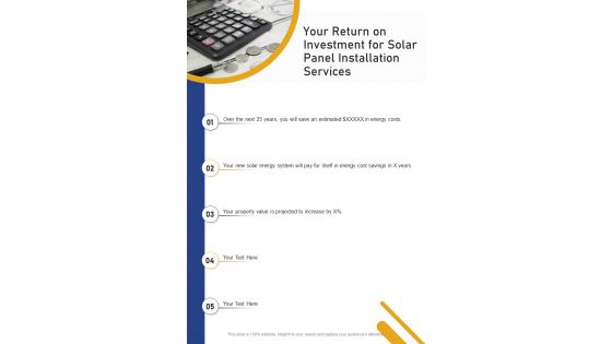 Solar Panel Installation Services For Your Return On Investment One Pager Sample Example Document