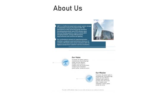 Solar Power Project Proposal About Us One Pager Sample Example Document