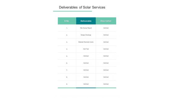 Solar Proposal Template Deliverables Of Solar Services One Pager Sample Example Document