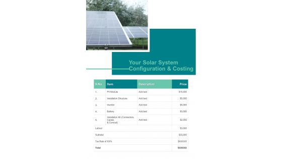Solar Proposal Template Your Solar System Configuration And Costing One Pager Sample Example Document