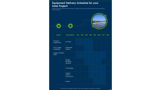 Solar Sales Equipment Delivery Schedule For Your Solar Project One Pager Sample Example Document