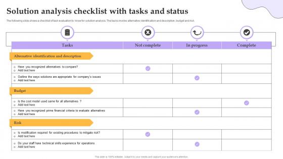 Solution Analysis Checklist With Tasks And Status