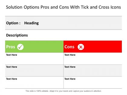 Solution options pros and cons with tick and cross icons