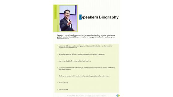Speakers Biography Event Announcer Proposal One Pager Sample Example Document