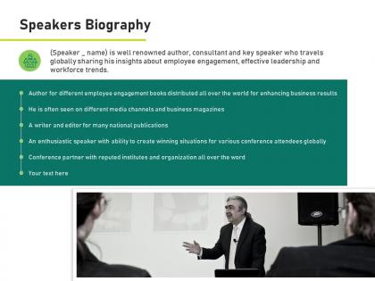Speakers biography leadership ppt powerpoint presentation visual aids portfolio