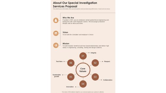 Special Investigation Services Proposal About Our Special Investigation One Pager Sample Example Document