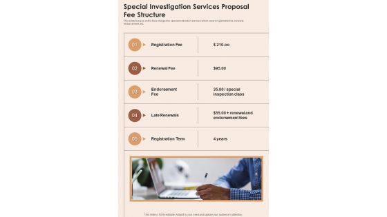 Special Investigation Services Proposal Fee Structure One Pager Sample Example Document