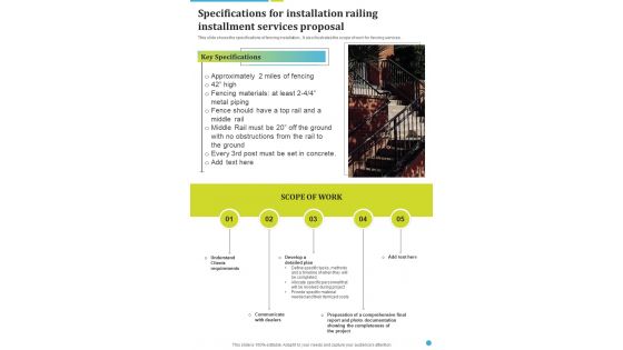 Specifications For Installation Railing Installment Services Proposal One Pager Sample Example Document