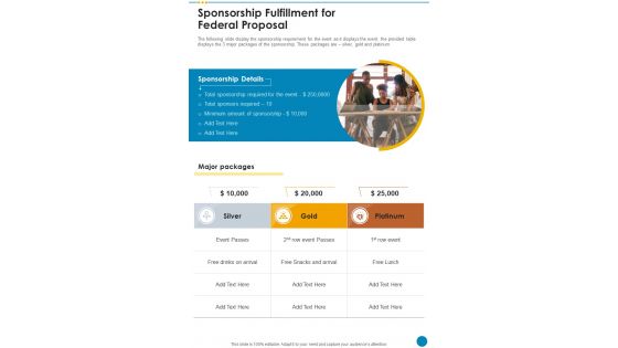 Sponsorship Fulfillment For Federal Proposal One Pager Sample Example Document