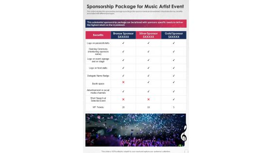 Sponsorship Package For Music Artist Event One Pager Sample Example Document