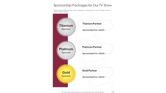 Sponsorship Packages For Our TV Show One Pager Sample Example Document