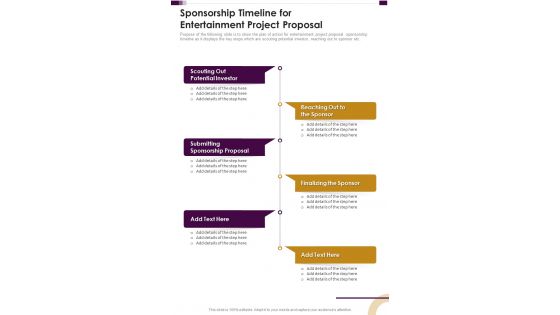 Sponsorship Timeline For Entertainment Project Proposal One Pager Sample Example Document