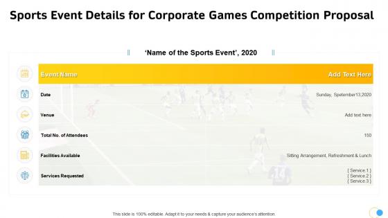 Sports event details for corporate games competition proposal ppt slides portrait