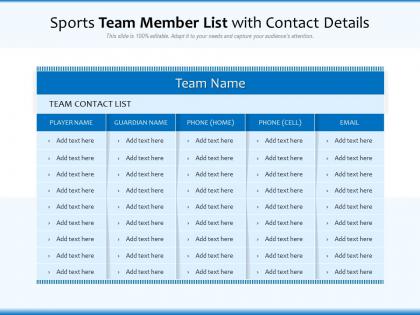 Sports team member list with contact details